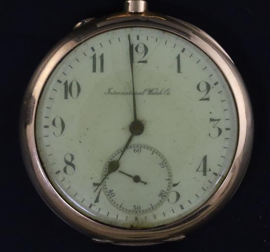 An engine turned 14ct gold International Watch Co open face keyless pocket watch,